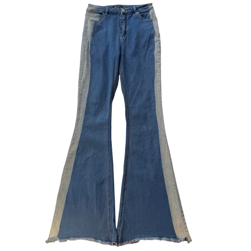 VERSONA Boho Flared Jeans Contrast‎ Panel Frayed Hem Women Size 4L